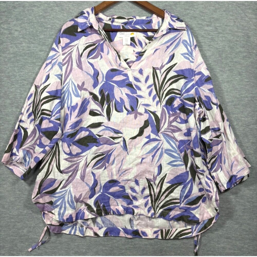 C&C California Top Womens‎ 1X 100% Linen Floral Print Tunic Tropical Beachy